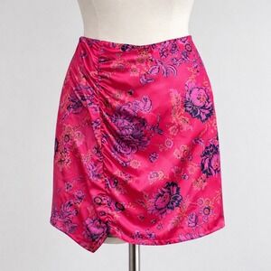 Free People Satin Floral Skirt Pink Ruched Asymmetrical Size 14 NWT Boho Beach